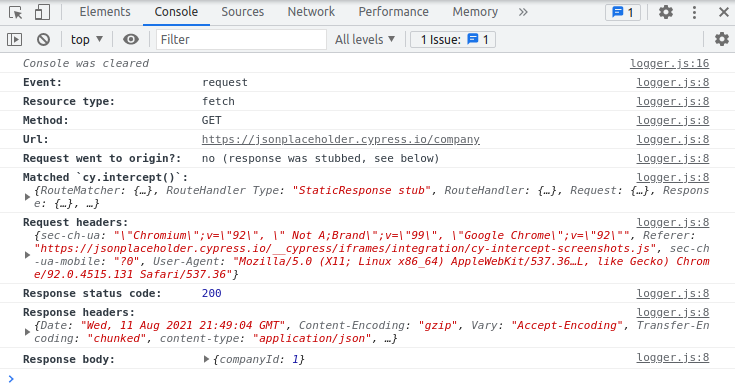 Screenshot of cy.intercept console output