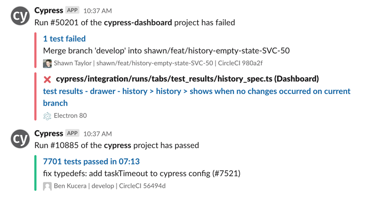 Cypress notification feed in Slack channel